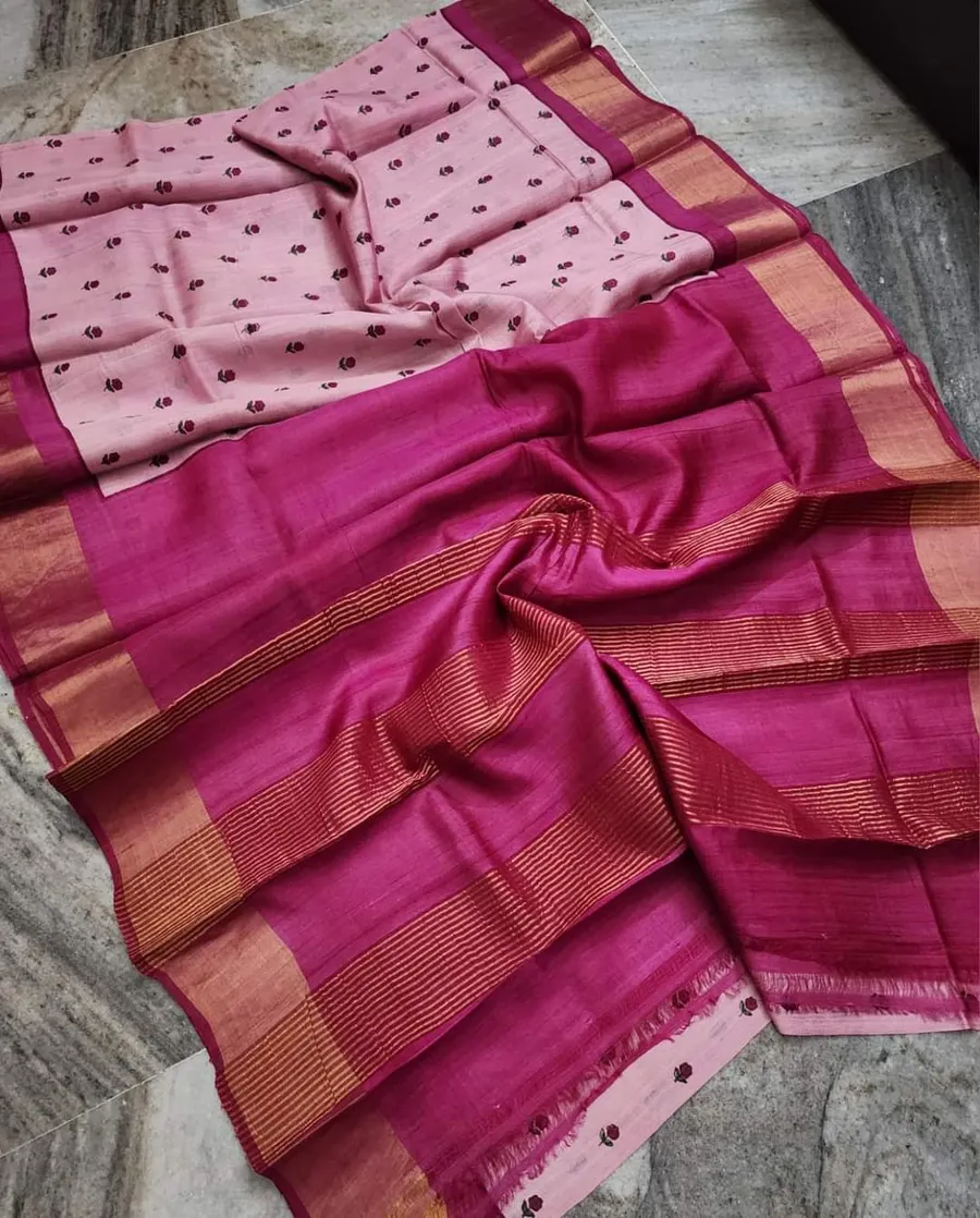 Tussar Silk Saree Traditional Block Digital Print Tiny Border Designer Pallu With Blouse Piece